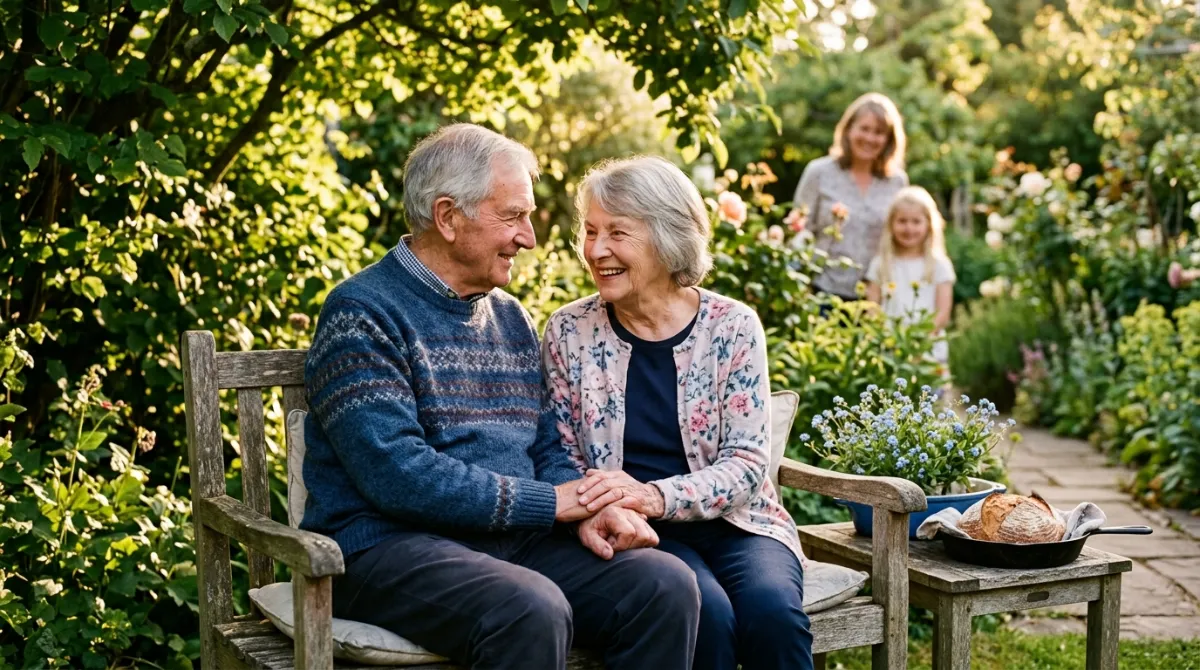 Elderly couple holding hands on a garden bench in warm evening light, with blue flowers and family smiling behind them.
