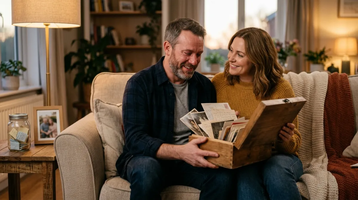Une femme offre à son mari une boîte à souvenirs et des petits mots d'amour pliés sur un canapé ; il sourit, ému, pour ses 40 ans.