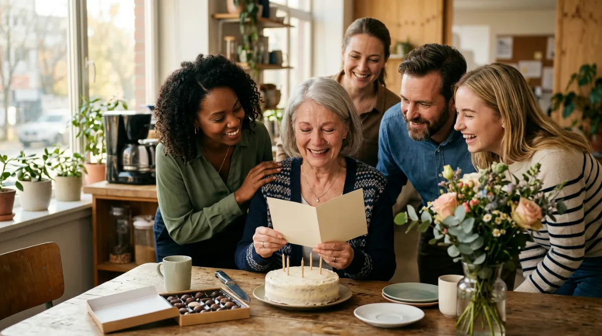 Una collega che va in pensione tiene in mano un biglietto, sorridente e commossa, circondata da colleghi affettuosi nella sala caffè luminosa di un ufficio.