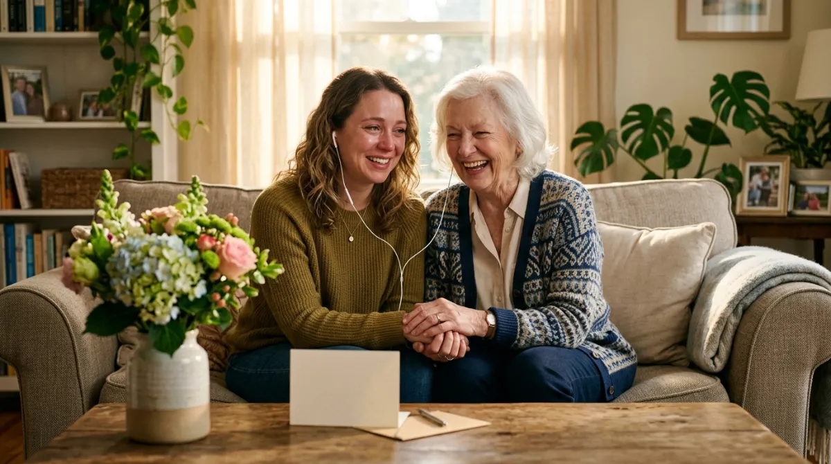 Adult daughter and her elderly mother share earbuds on a sunlit sofa, smiling and holding hands, with flowers on the table.