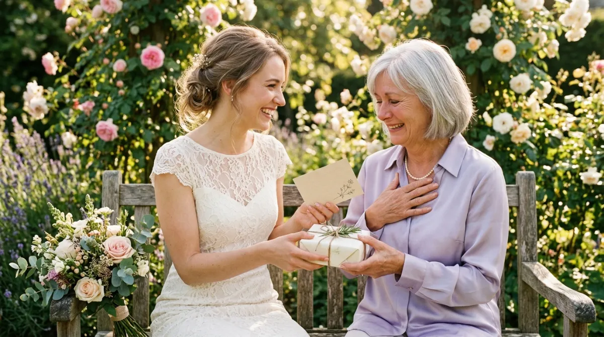Une mariée offre un cadeau à sa belle-mère souriante et émue, sur un banc de jardin ensoleillé, près de quelques fleurs.