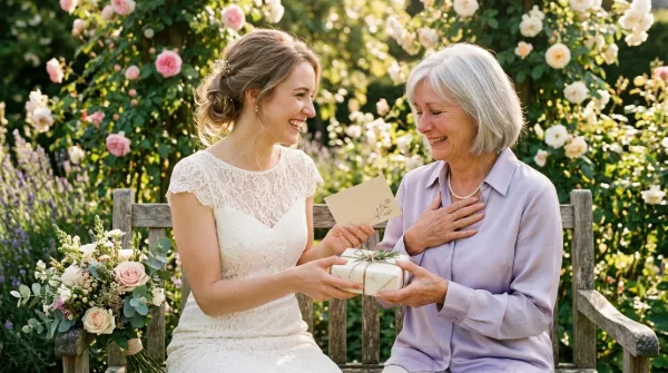 A bride gives a gift to her emotional, smiling mother-in-law on a sunny garden bench with flowers nearby.