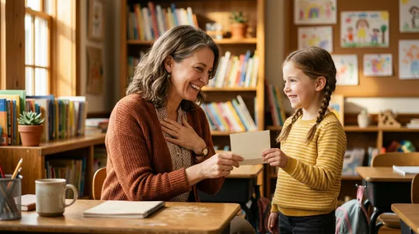 A teacher smiles warmly as a young girl hands her a thank you card in a sunlit classroom.