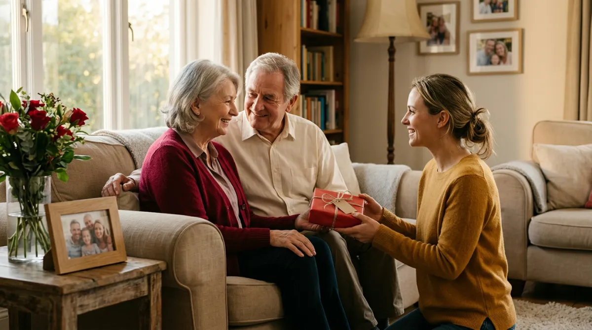 Older couple smiling on a sofa as their adult daughter gives them a red-wrapped anniversary gift in warm light