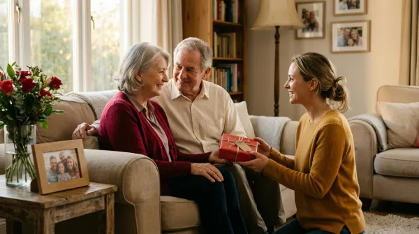 Older couple smiling on a sofa as their adult daughter gives them a red-wrapped anniversary gift in warm light