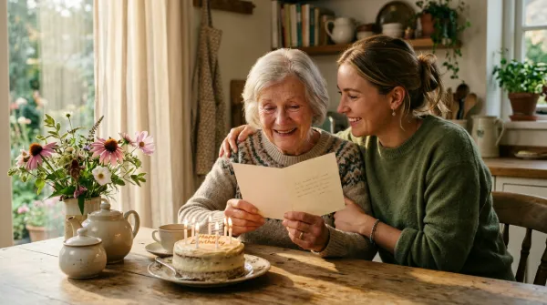 Grandmother holding a birthday card with tears of joy as her granddaughter hugs her beside a small cake at a sunny kitchen table.