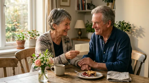 Smiling older couple at a kitchen table sharing a tender moment as she gives her husband a folded anniversary note