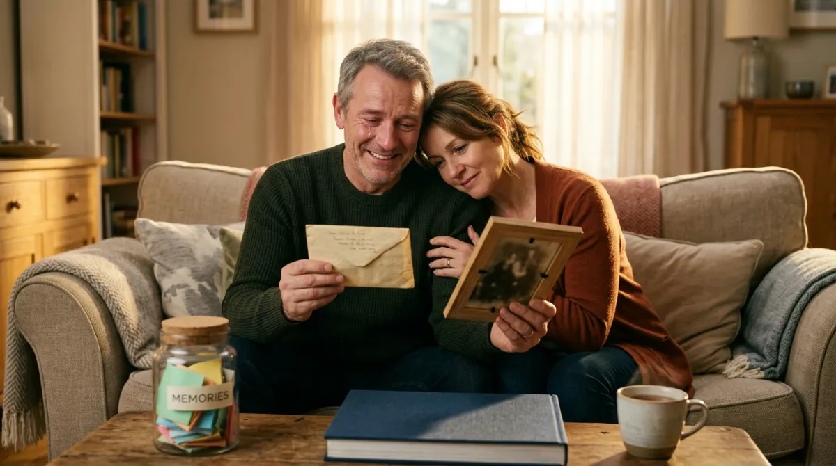 A husband, visibly moved, holds a letter beside his smiling wife on a sofa, with a memory jar and photo album nearby.