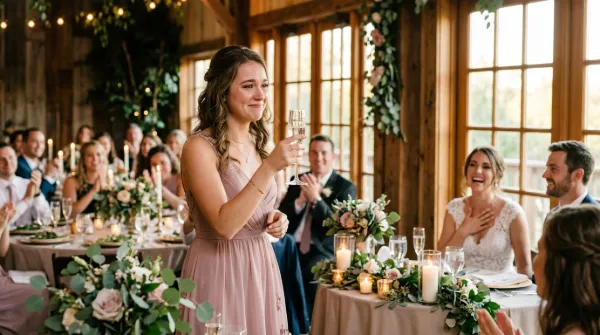 A maid of honor raises her glass in a heartfelt toast as the smiling bride and guests look on at a warm wedding reception.
