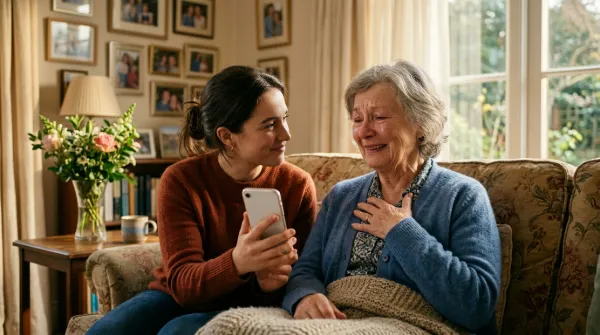 Elderly woman moved to tears and smiling as her granddaughter plays a song for her on a phone in a sunlit living room