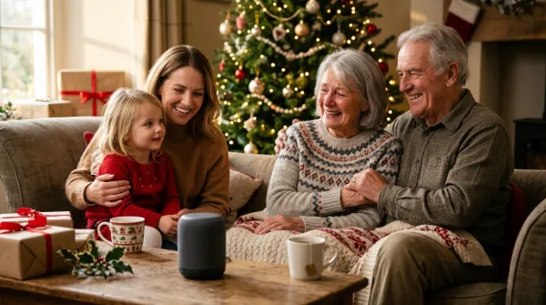 Grandparents, their granddaughter and a child smile with emotion on a sofa beside a glowing Christmas tree, listening to music.