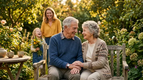 Smiling elderly couple holding hands on a garden bench in golden light as their daughter and grandchild celebrate behind them.
