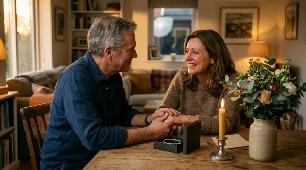 Middle-aged couple holding hands at a candlelit table at home, a silver bracelet in a small box between them.