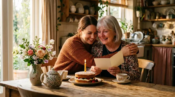 A young woman hugs her smiling mother-in-law at a sunlit table with a small birthday cake, flowers and a card.
