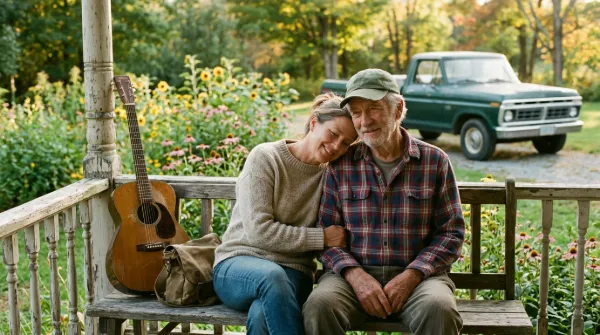 Adult daughter leaning on her smiling elderly father's shoulder on a sunlit porch bench, a guitar resting nearby.
