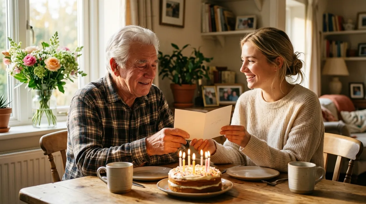 Nonno sorridente, commosso fino alle lacrime di gioia, mentre la nipote gli regala un biglietto di auguri accanto a una piccola torta, in casa.