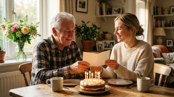 Nonno sorridente, commosso fino alle lacrime di gioia, mentre la nipote gli regala un biglietto di auguri accanto a una piccola torta, in casa.