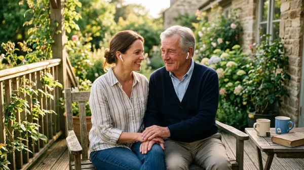 Adult daughter and her gray-haired father share a quiet, emotional moment listening together on a sunny porch.
