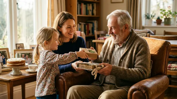 Smiling older father receiving a wrapped gift and photo album from his daughter and grandchild in a warm, sunlit living room