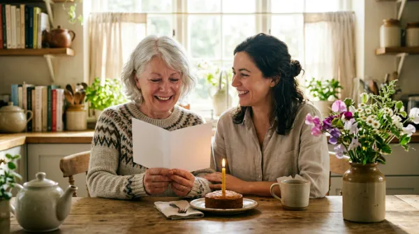 A smiling mother and her adult daughter share a tender moment over an open birthday card at a sunlit kitchen table.