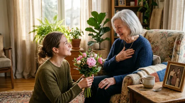 Smiling grandmother touched with emotion as her granddaughter gives her a bouquet of flowers in a sunlit living room.