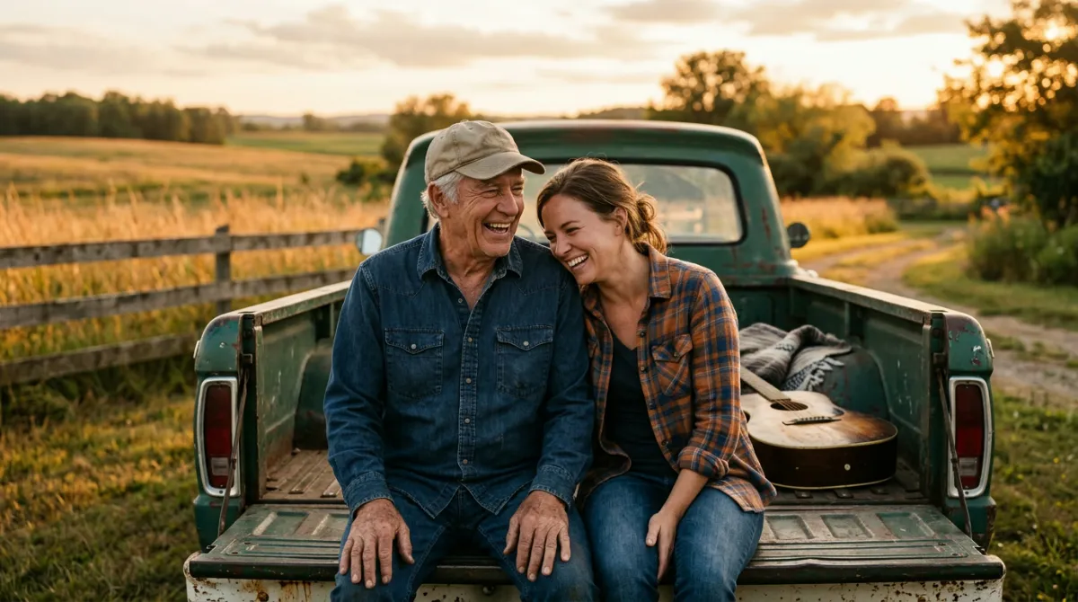 Older father and adult daughter laughing together on a pickup tailgate in a golden-lit country field, a guitar beside them.