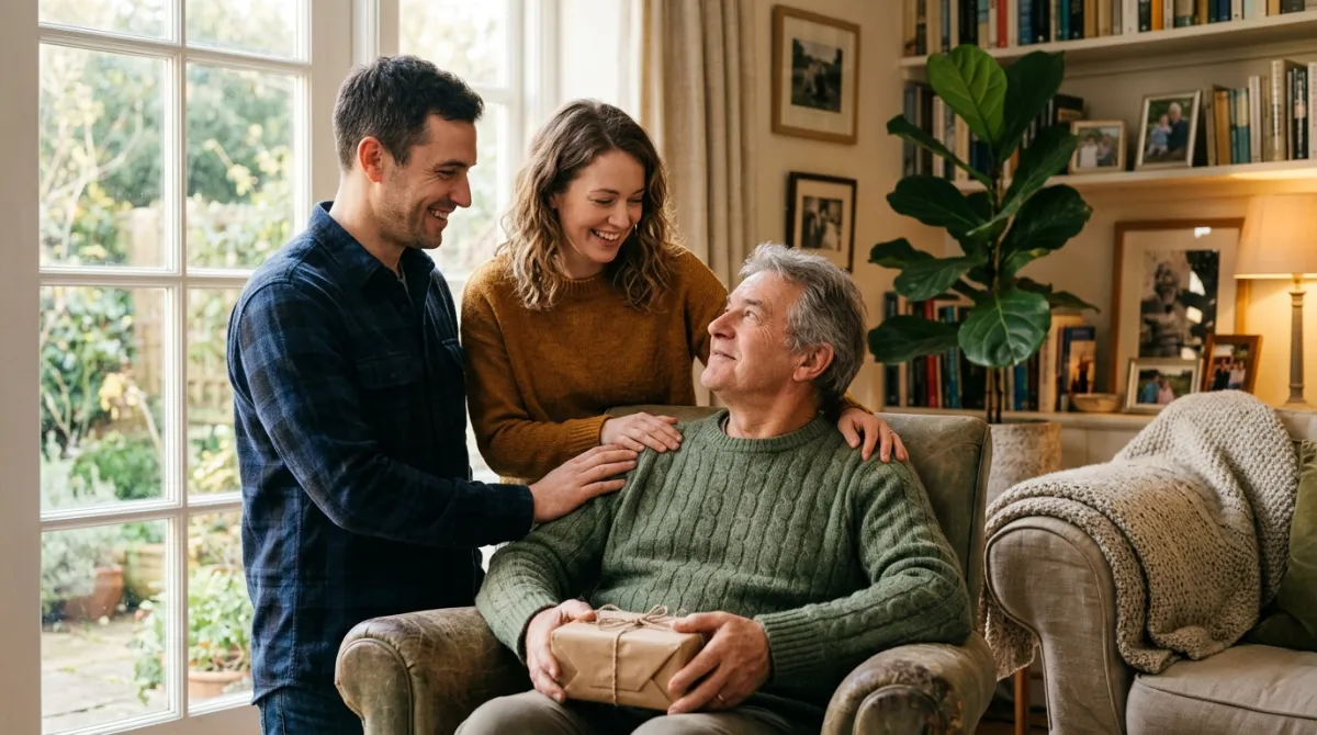 Smiling retired dad in an armchair holding a gift while his grown son and daughter stand beside him in a warm living room.