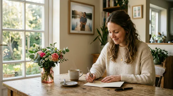A woman smiles as she writes in a birthday card at a sunlit kitchen table, thinking of her dad.