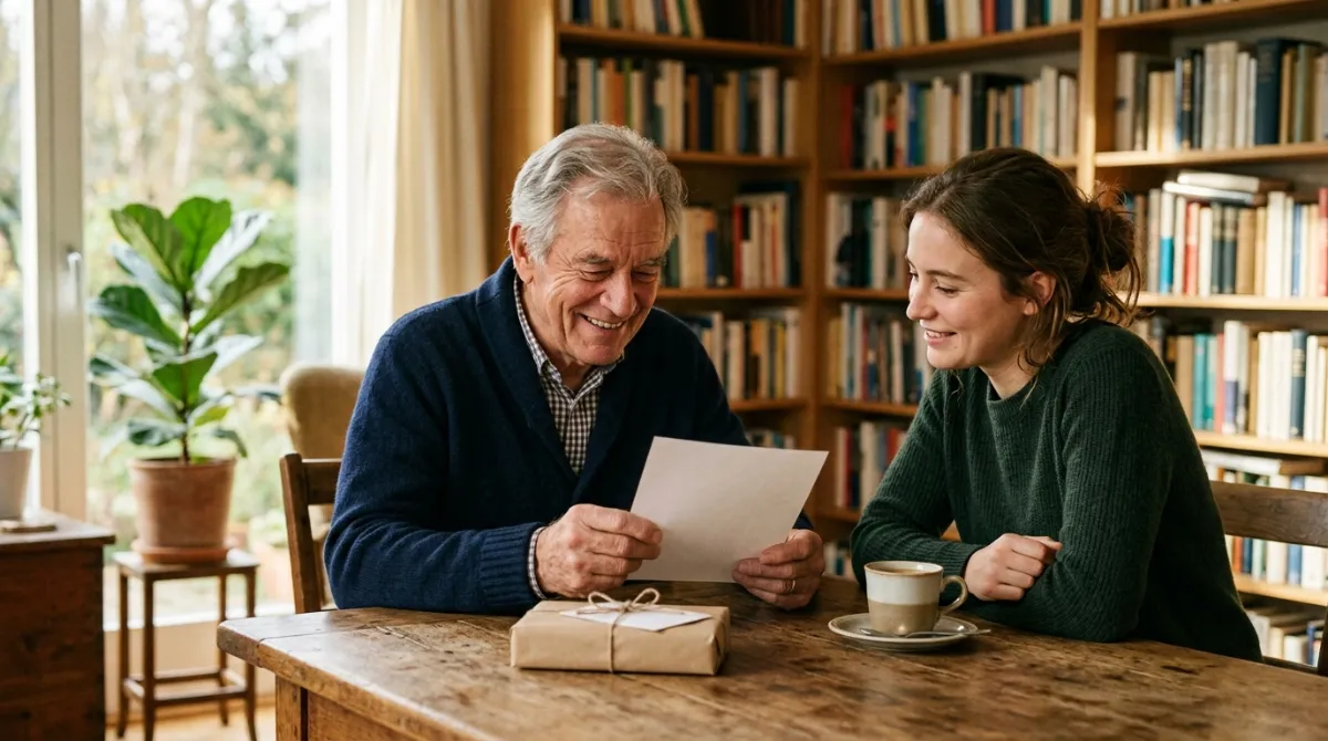 Older mentor smiling as he reads a letter from a grateful young woman at a sunlit table with coffee and a wrapped book.