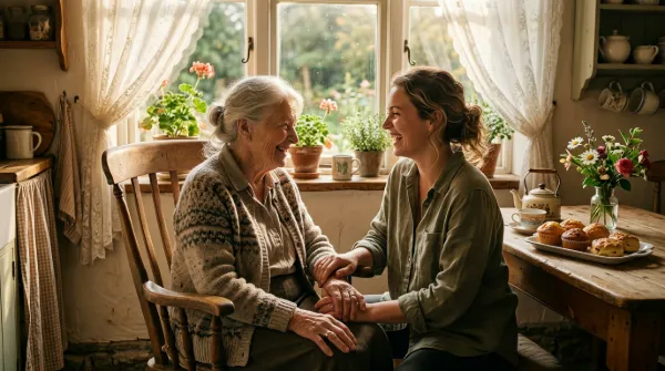 Smiling grandmother and her granddaughter holding hands in a sunlit kitchen with fresh baked pastries and flowers.