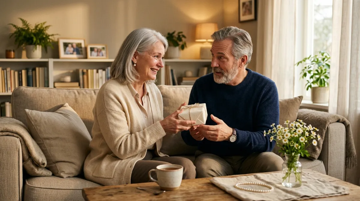 Smiling older woman gives her husband a wrapped anniversary gift on a cozy sofa, with warm light and pearls on the table