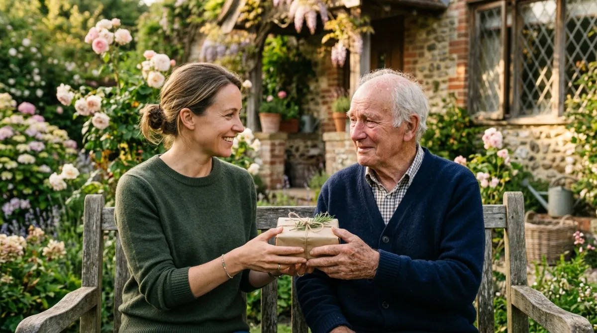 An adult daughter hands a small wrapped gift to her smiling, emotional father on a sunny garden bench.