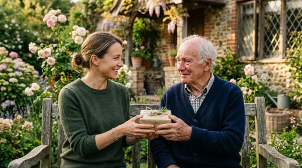 An adult daughter hands a small wrapped gift to her smiling, emotional father on a sunny garden bench.