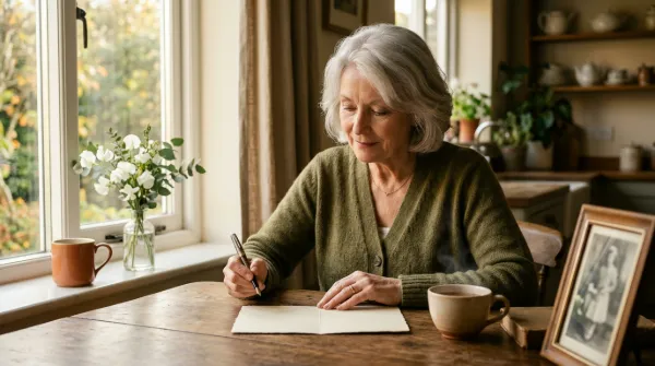 Donna anziana al tavolo della cucina, in una stanza piena di sole, con una penna sopra un biglietto bianco mentre pensa a cosa scrivere per consolare qualcuno.
