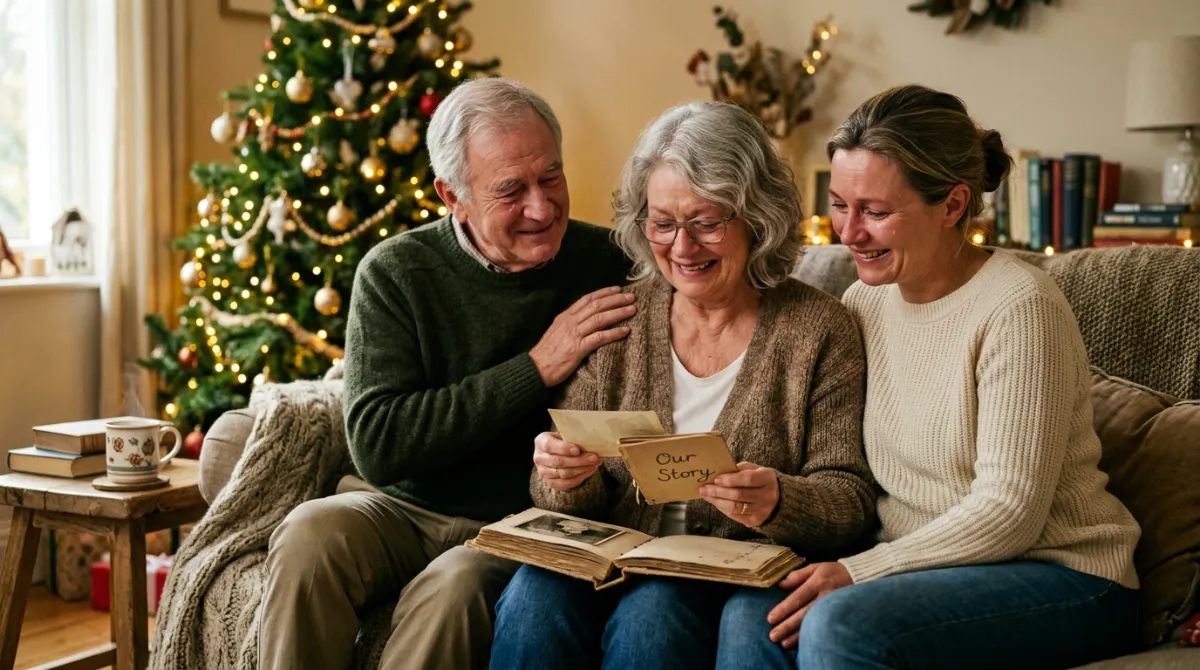 Elderly couple and their adult daughter smiling over a photo album on a sofa beside a softly lit Christmas tree.