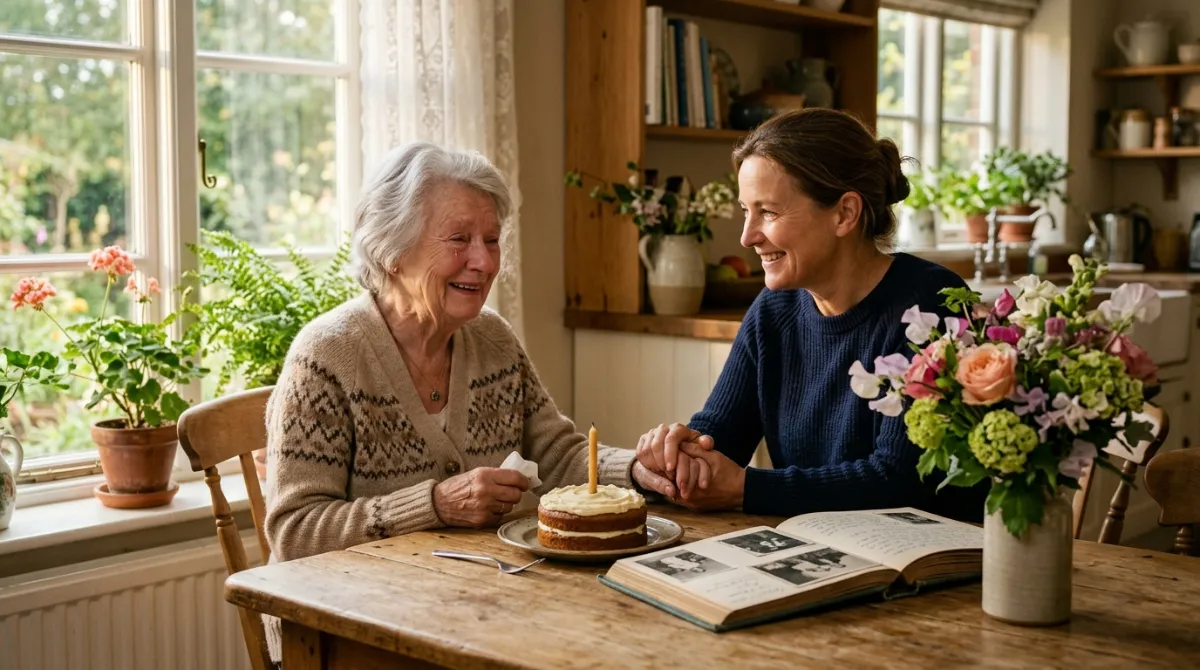 Elderly mother smiling emotionally beside her daughter at a sunlit kitchen table with cake, flowers and a photo album.