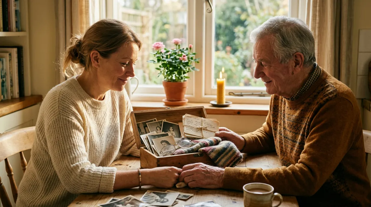 Daughter and elderly father looking through a memory box of her mother's keepsakes at a sunlit kitchen table.