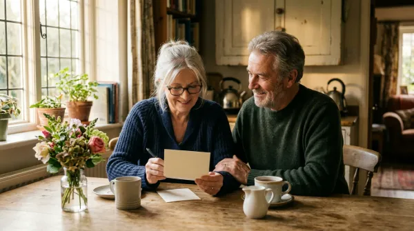 Smiling older couple sit together at a sunlit kitchen table as she writes in an anniversary card.