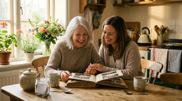 Smiling older mother and her adult daughter looking through a photo album together at a sunlit kitchen table with tea and flowers.