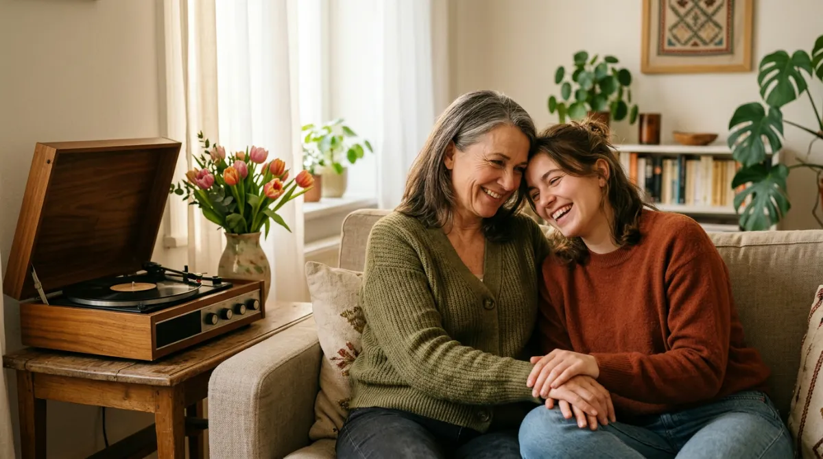 Eine Mutter und ihre erwachsene Tochter lachen auf einem sonnigen Sofa, halten sich an den Händen, neben einem Plattenspieler und frischen Tulpen.