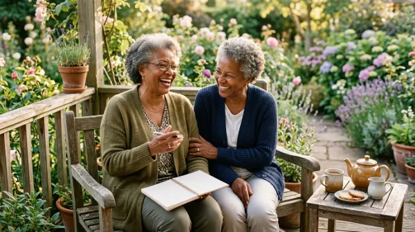 Two older women friends laughing together on a sunny garden porch bench with tea and a notebook