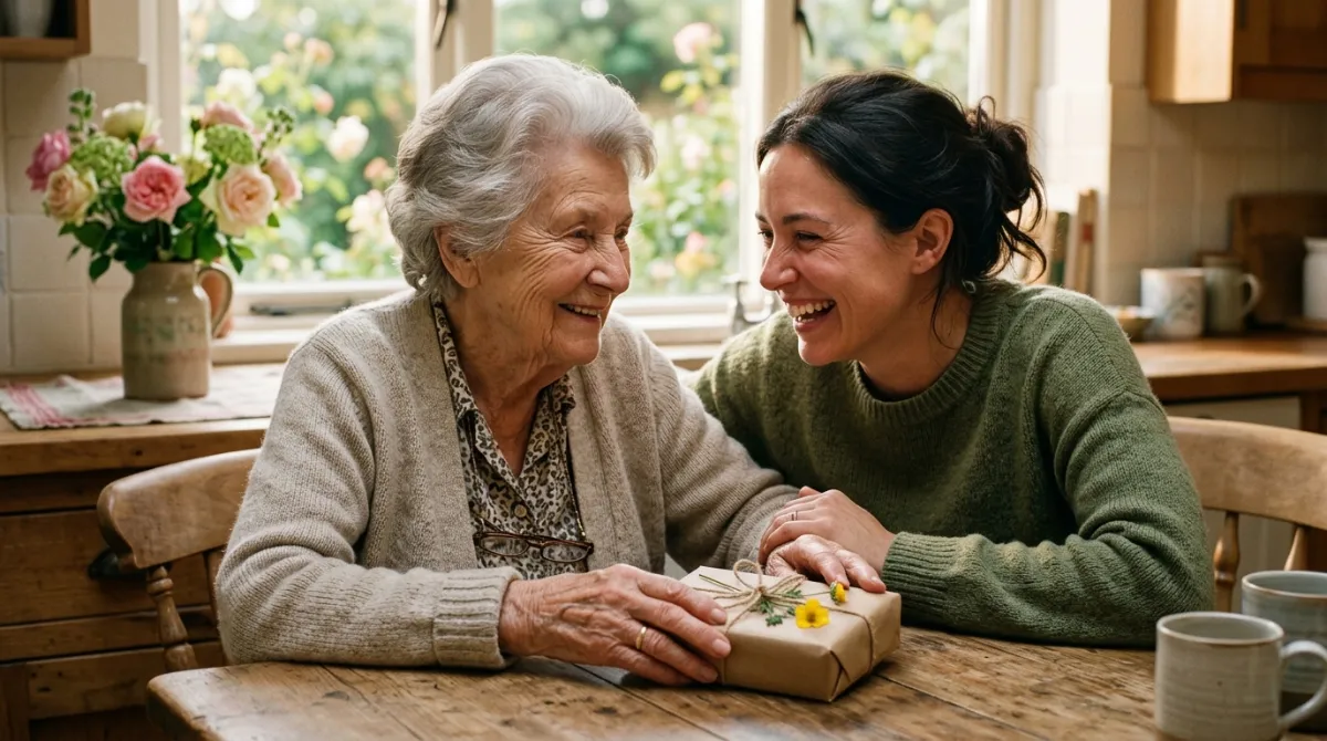 Smiling grandmother and her granddaughter share a tender moment over a handmade gift at a sunlit kitchen table.