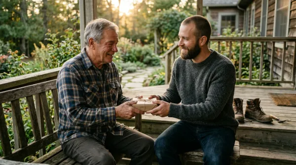 Un figlio adulto porge un piccolo regalo incartato al padre commosso e sorridente, seduto su una panchina al sole.