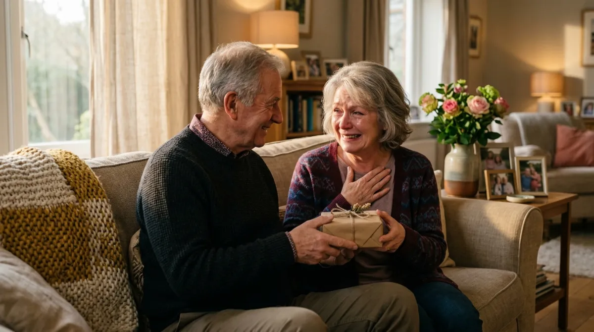 Smiling older husband gives his emotional wife a small wrapped anniversary gift on a sunlit living room sofa.